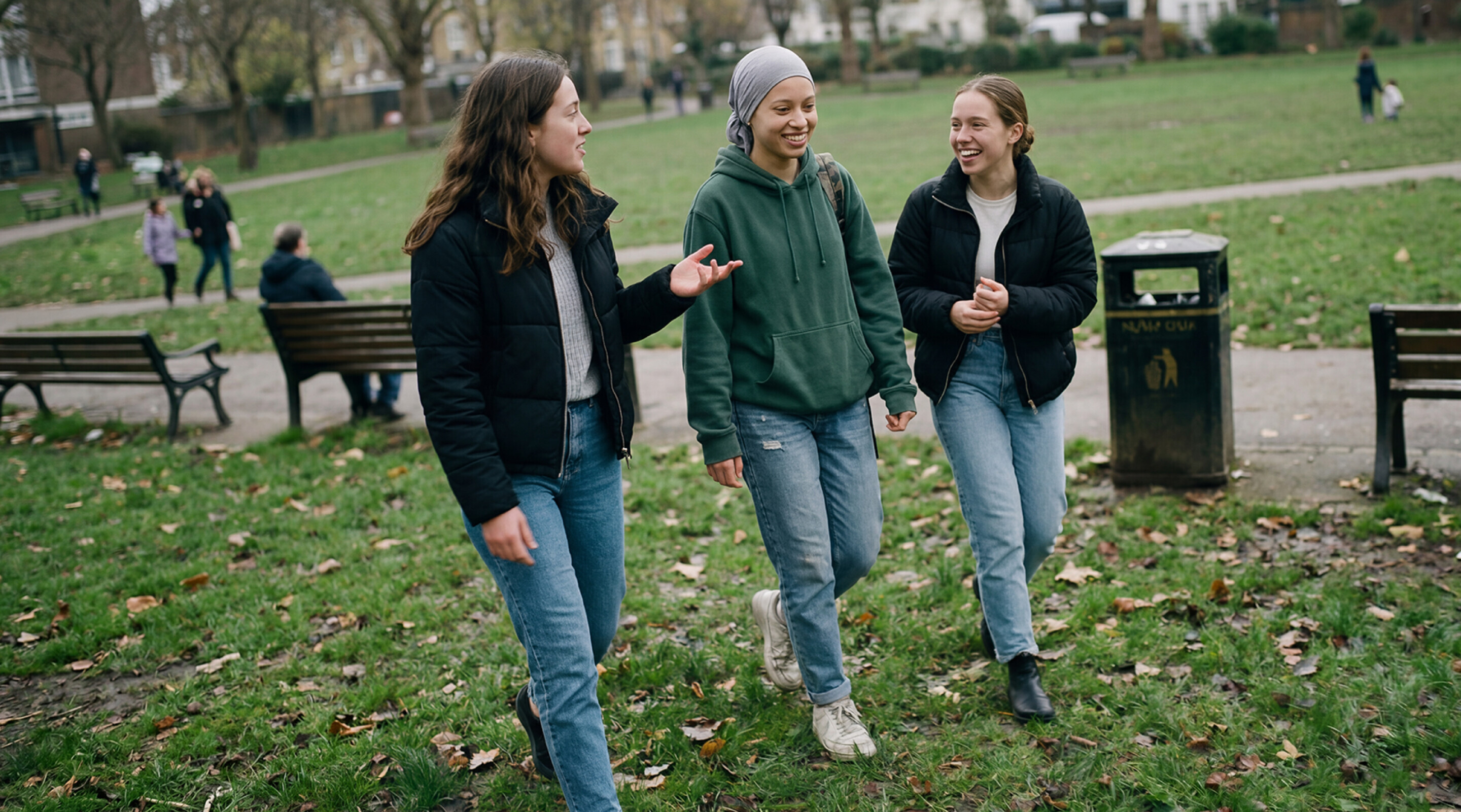 Our story patient, Three young woman chatting as they walk through a park