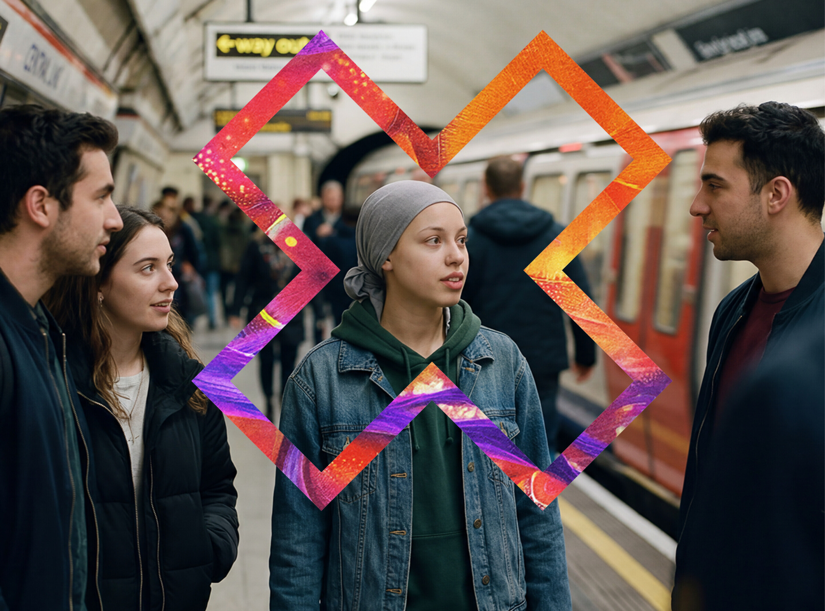 People in underground station with AXON graphic