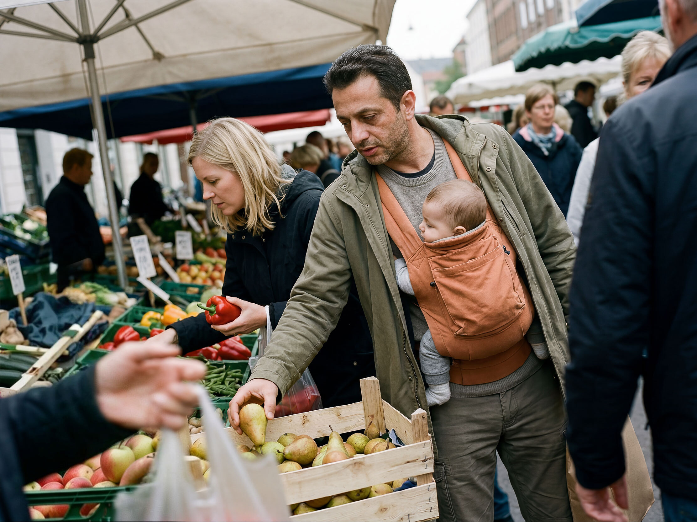 Expanding the firm. Man carrying a baby in the market.