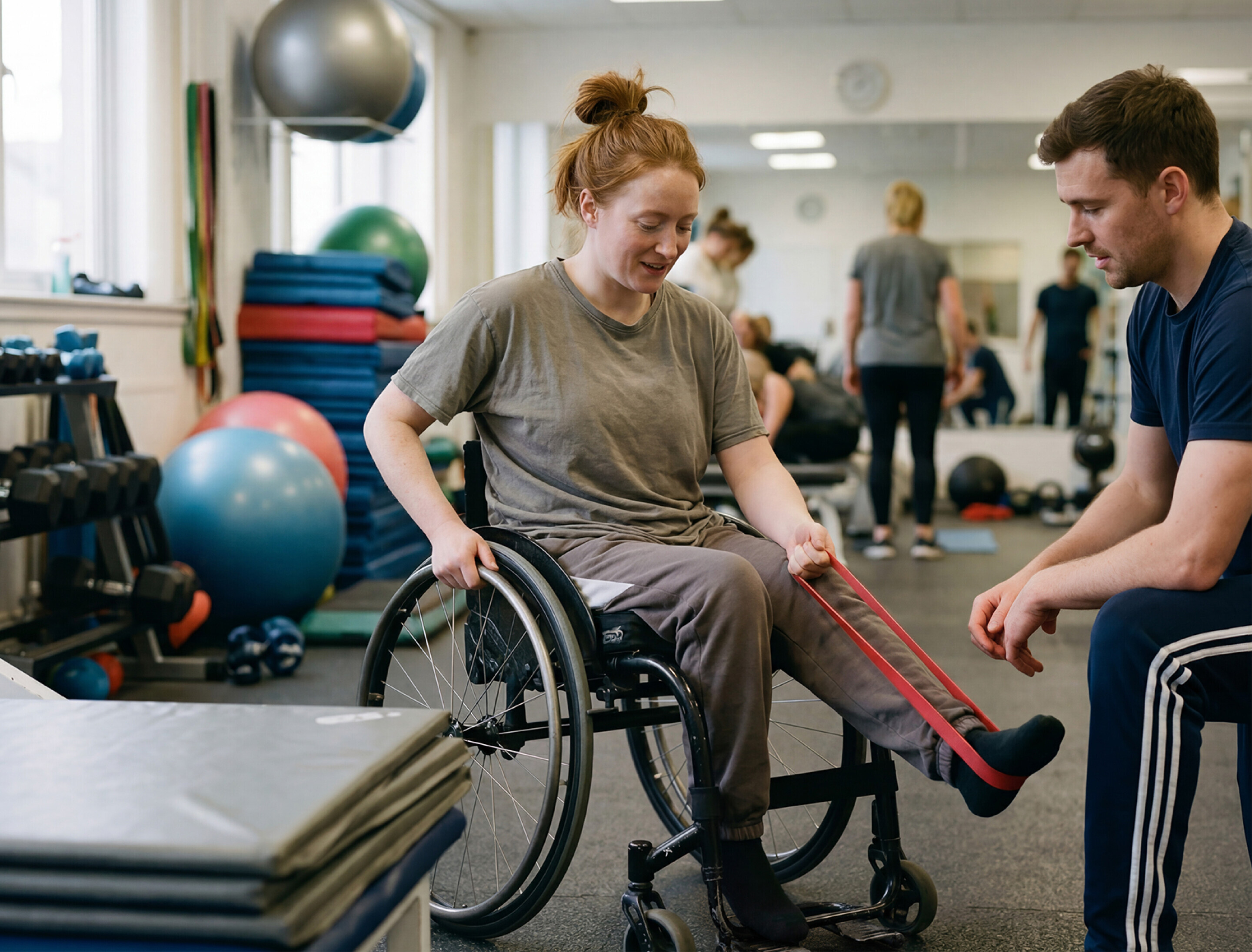 Being at the forefront of our industry. Women sitting in wheelchair, Gym environment - doing some rehabilitation stretching on her legs