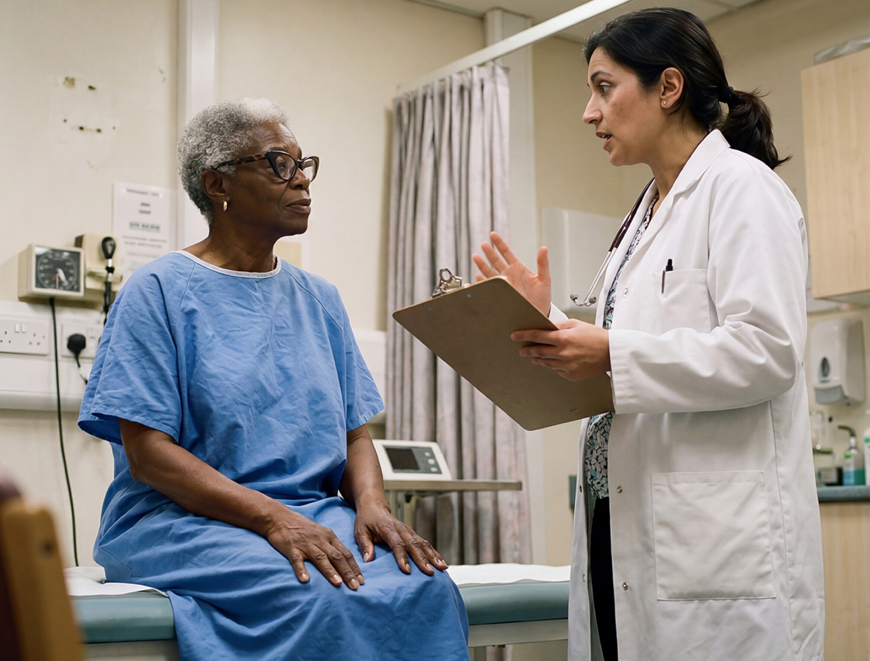Our future. Senior black lady sitting in doctors room after being examined.